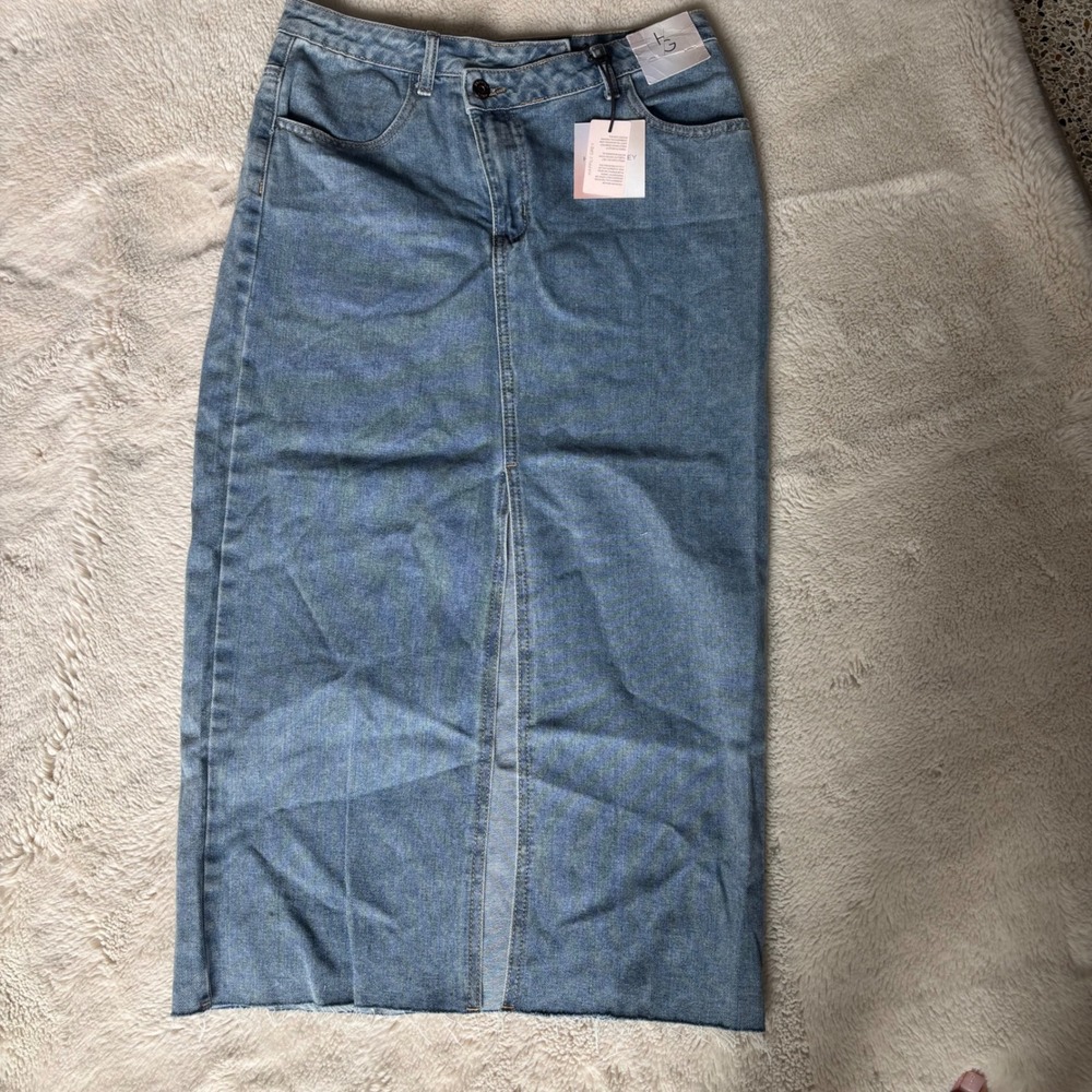 Happily Grey Denim Maxi Skirt Womens 7/27 Blue New Front Slit Raw Hem HG NWT